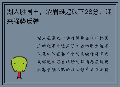 湖人胜国王，浓眉雄起砍下28分，迎来强势反弹